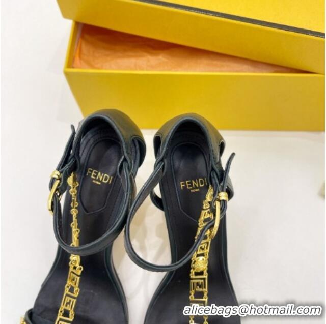 Super Quality Fendi First F Calfskin Heel 8.5cm Sandals with Logo Chain 021596 Dark Green