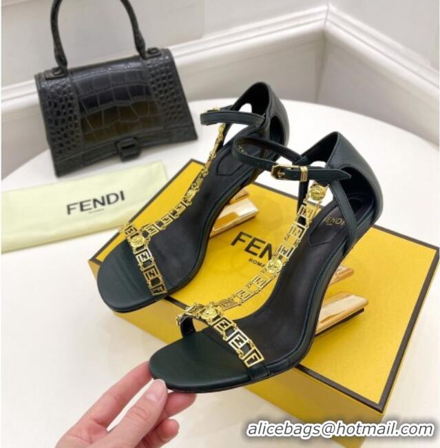 Super Quality Fendi First F Calfskin Heel 8.5cm Sandals with Logo Chain 021596 Dark Green