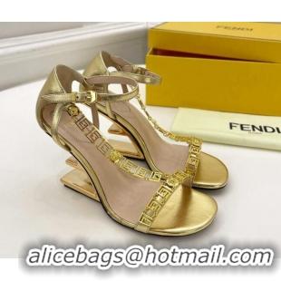 Classic Practical Fendi First F Calfskin Heel 8.5cm Sandals with Logo Chain 021596 Gold