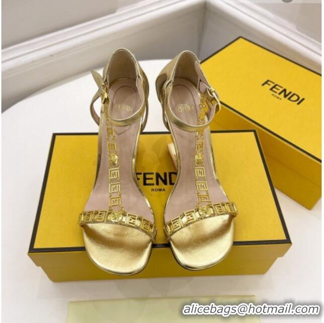 Classic Practical Fendi First F Calfskin Heel 8.5cm Sandals with Logo Chain 021596 Gold