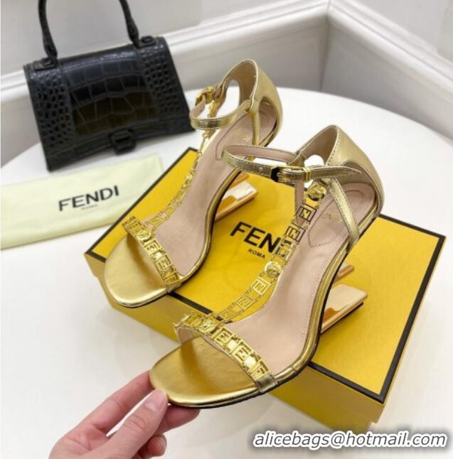 Classic Practical Fendi First F Calfskin Heel 8.5cm Sandals with Logo Chain 021596 Gold