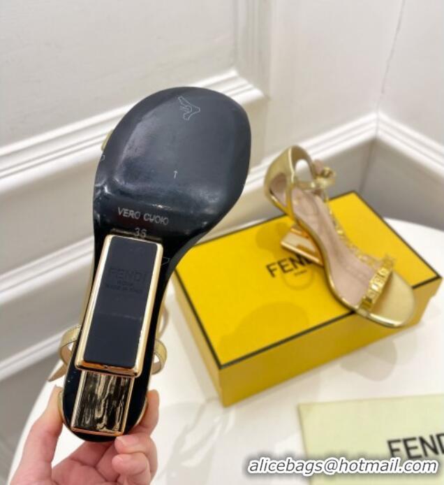 Classic Practical Fendi First F Calfskin Heel 8.5cm Sandals with Logo Chain 021596 Gold