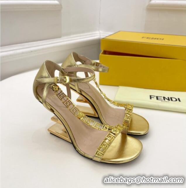 Classic Practical Fendi First F Calfskin Heel 8.5cm Sandals with Logo Chain 021596 Gold