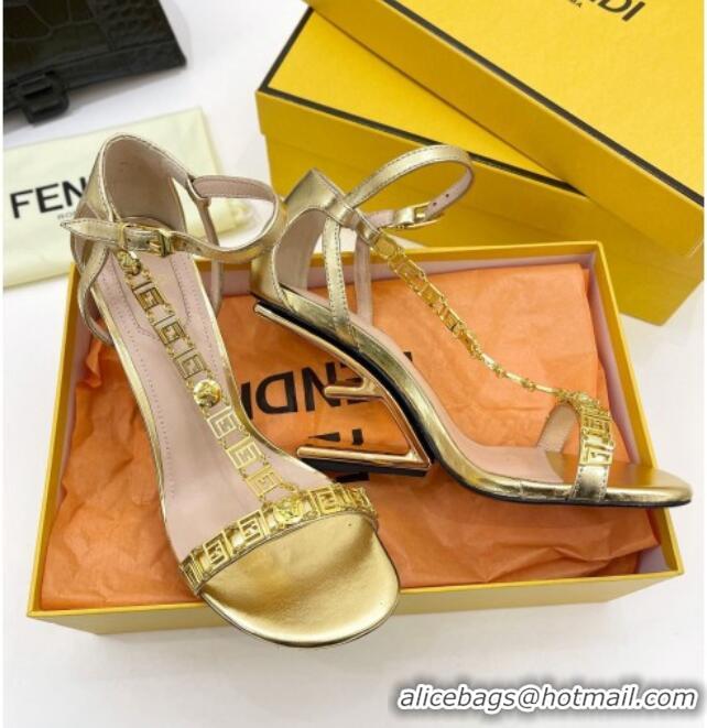 Classic Practical Fendi First F Calfskin Heel 8.5cm Sandals with Logo Chain 021596 Gold