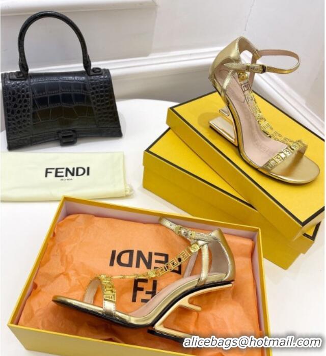 Classic Practical Fendi First F Calfskin Heel 8.5cm Sandals with Logo Chain 021596 Gold