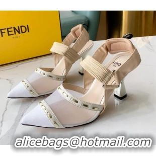 Top Quality Fendi Colibrì Slingback Pumps 8.5cm in White Mesh with Metal Stitches Black 215106