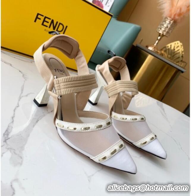 Top Quality Fendi Colibrì Slingback Pumps 8.5cm in White Mesh with Metal Stitches Black 215106