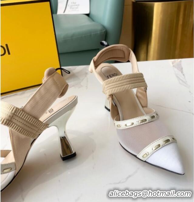 Top Quality Fendi Colibrì Slingback Pumps 8.5cm in White Mesh with Metal Stitches Black 215106