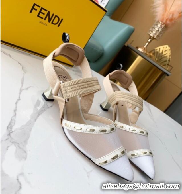 Best Design Fendi Colibrì Slingback Pumps 5.5cm in Black Mesh with Metal Stitches White 215103