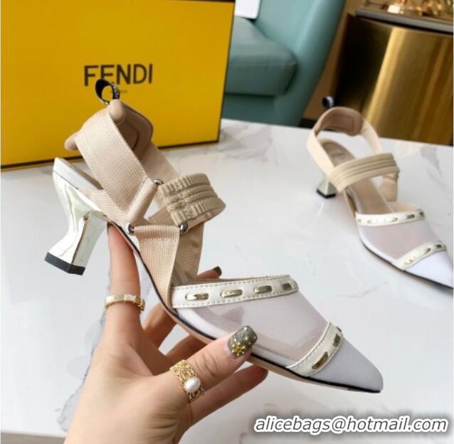 Best Design Fendi Colibrì Slingback Pumps 5.5cm in Black Mesh with Metal Stitches White 215103