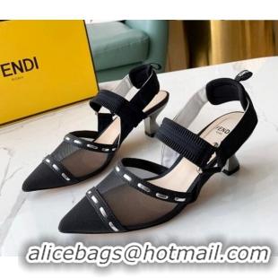 New Fashion Fendi Colibrì Slingback Pumps 5.5cm in Black Mesh with Metal Stitches Black 215104