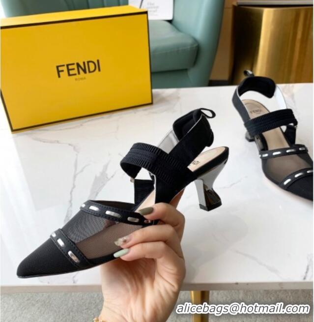 New Fashion Fendi Colibrì Slingback Pumps 5.5cm in Black Mesh with Metal Stitches Black 215104