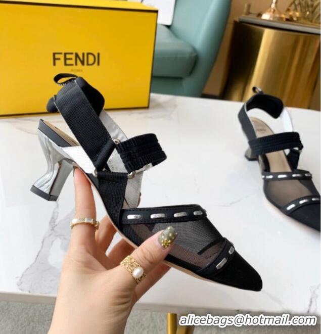 New Fashion Fendi Colibrì Slingback Pumps 5.5cm in Black Mesh with Metal Stitches Black 215104