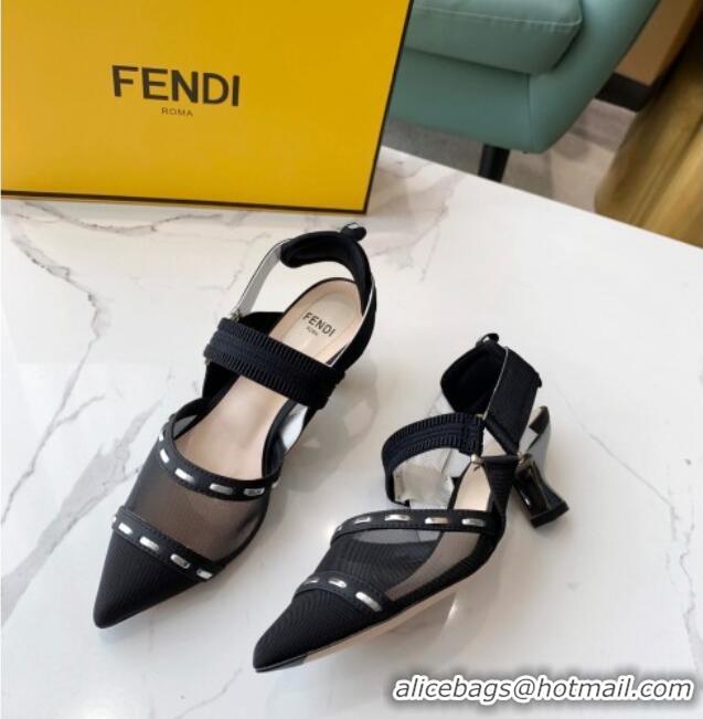 New Fashion Fendi Colibrì Slingback Pumps 5.5cm in Black Mesh with Metal Stitches Black 215104