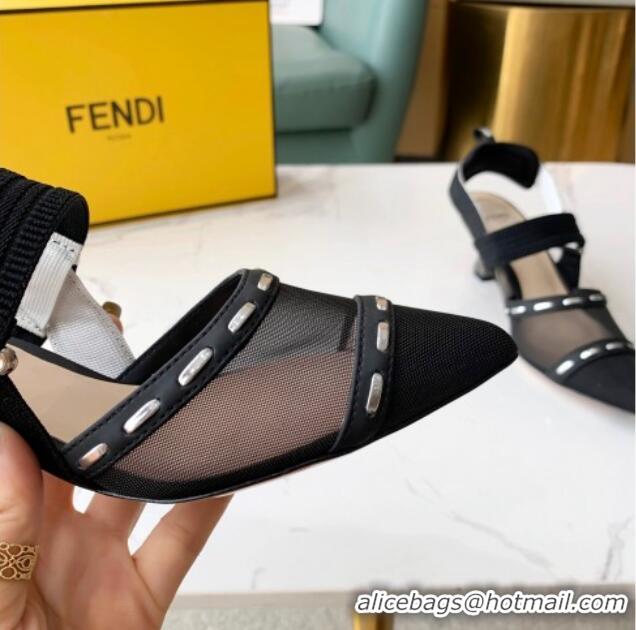 New Fashion Fendi Colibrì Slingback Pumps 5.5cm in Black Mesh with Metal Stitches Black 215104