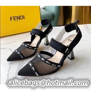 Best Luxury Fendi Colibrì Slingback Pumps 8.5cm in Black Mesh with Metal Stitches Black 215105