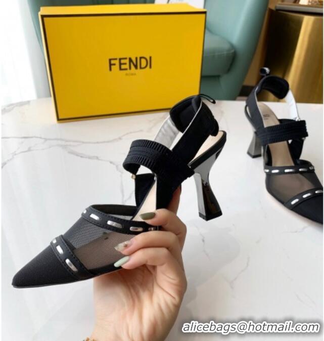 Best Luxury Fendi Colibrì Slingback Pumps 8.5cm in Black Mesh with Metal Stitches Black 215105