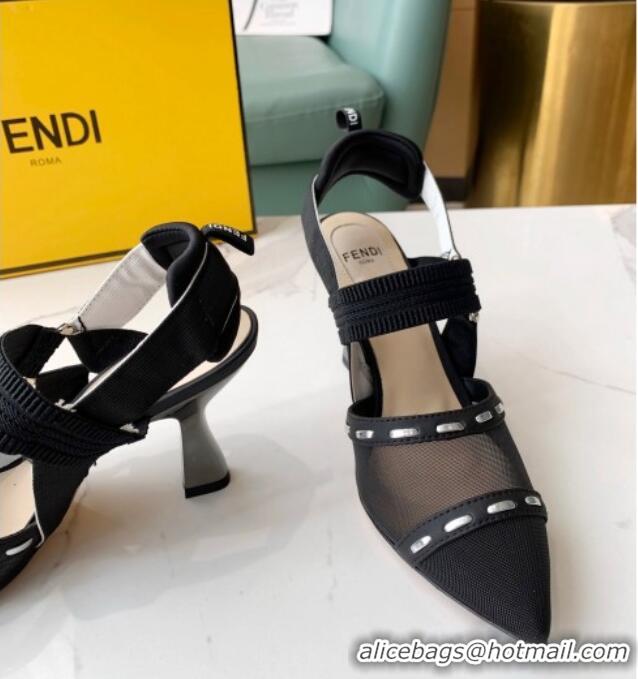 Best Luxury Fendi Colibrì Slingback Pumps 8.5cm in Black Mesh with Metal Stitches Black 215105