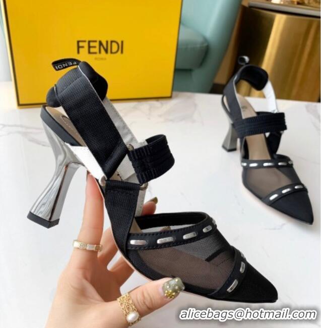 Best Luxury Fendi Colibrì Slingback Pumps 8.5cm in Black Mesh with Metal Stitches Black 215105