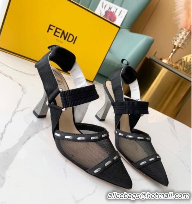 Best Luxury Fendi Colibrì Slingback Pumps 8.5cm in Black Mesh with Metal Stitches Black 215105