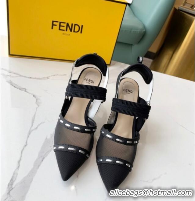 Best Luxury Fendi Colibrì Slingback Pumps 8.5cm in Black Mesh with Metal Stitches Black 215105