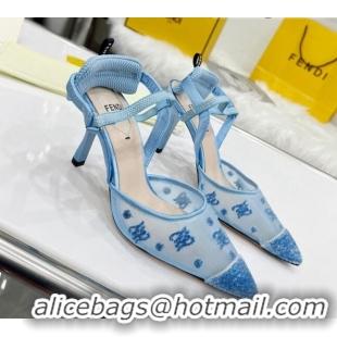 Affordable Price Fendi Colibrì Lite High Heel Slingback Pumps 8.5cm in FF Karligraphy Mesh Blue 215107