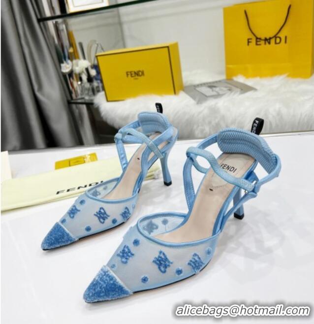 Affordable Price Fendi Colibrì Lite High Heel Slingback Pumps 8.5cm in FF Karligraphy Mesh Blue 215107