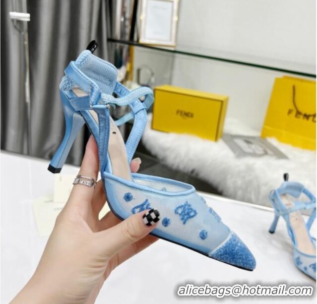 Affordable Price Fendi Colibrì Lite High Heel Slingback Pumps 8.5cm in FF Karligraphy Mesh Blue 215107