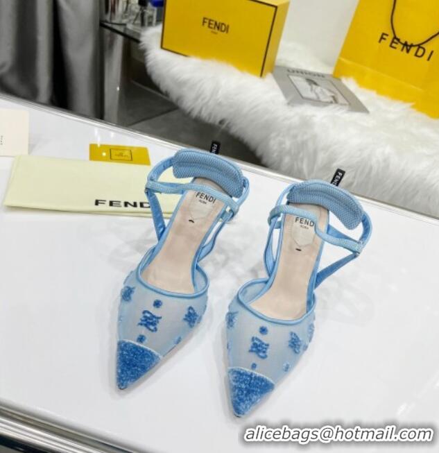 Affordable Price Fendi Colibrì Lite High Heel Slingback Pumps 8.5cm in FF Karligraphy Mesh Blue 215107