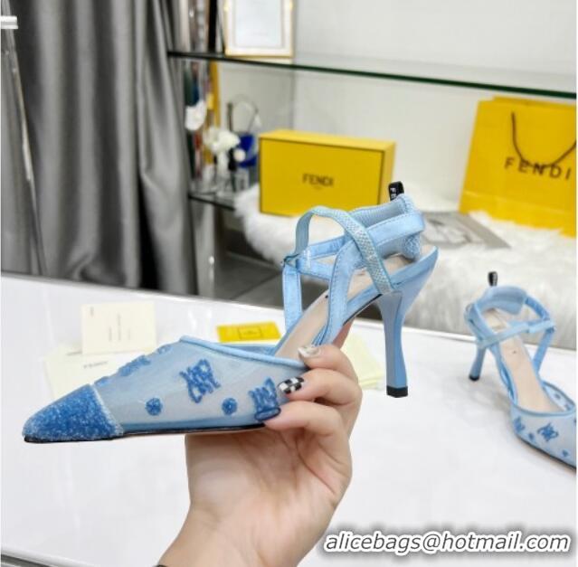 Affordable Price Fendi Colibrì Lite High Heel Slingback Pumps 8.5cm in FF Karligraphy Mesh Blue 215107