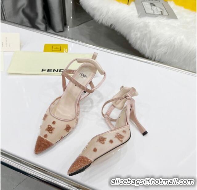 New Style Fendi Colibrì Lite High Heel Slingback Pumps 8.5cm in FF Karligraphy Mesh Brown 215108