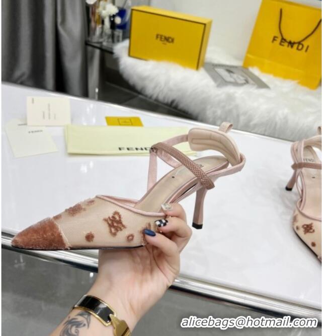 New Style Fendi Colibrì Lite High Heel Slingback Pumps 8.5cm in FF Karligraphy Mesh Brown 215108