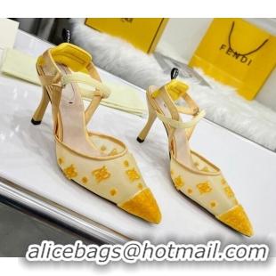 Most Popular Fendi Colibrì Lite High Heel Slingback Pumps 8.5cm in FF Karligraphy Mesh 215108 Yellow