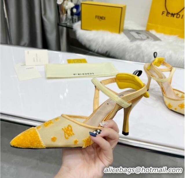 Most Popular Fendi Colibrì Lite High Heel Slingback Pumps 8.5cm in FF Karligraphy Mesh 215108 Yellow