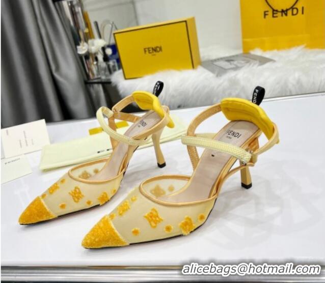 Most Popular Fendi Colibrì Lite High Heel Slingback Pumps 8.5cm in FF Karligraphy Mesh 215108 Yellow