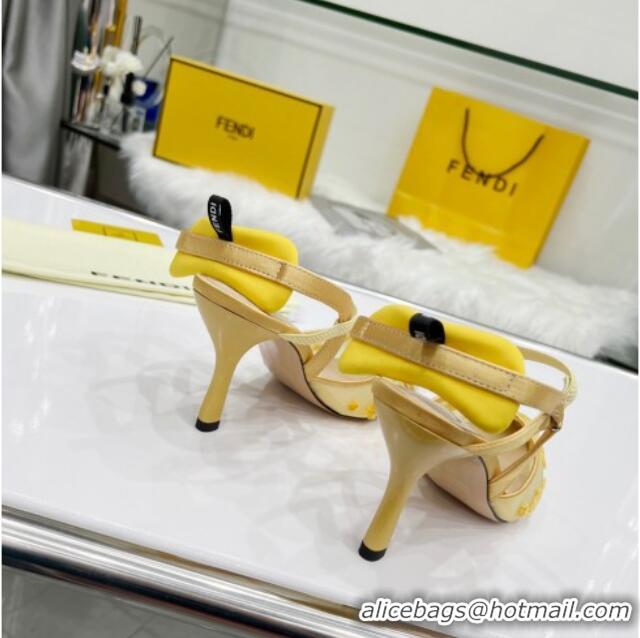 Most Popular Fendi Colibrì Lite High Heel Slingback Pumps 8.5cm in FF Karligraphy Mesh 215108 Yellow