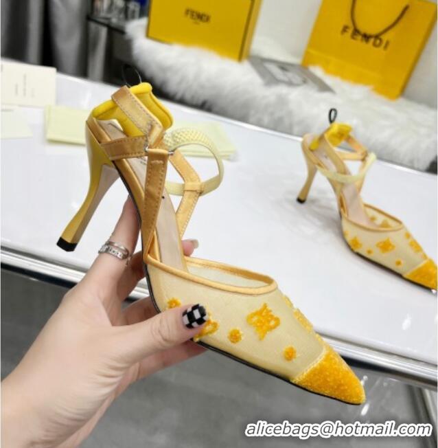 Most Popular Fendi Colibrì Lite High Heel Slingback Pumps 8.5cm in FF Karligraphy Mesh 215108 Yellow