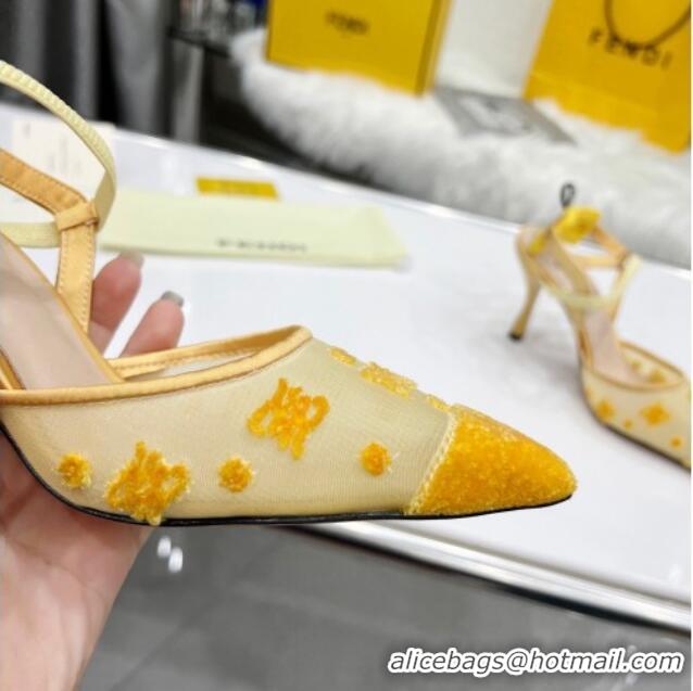 Most Popular Fendi Colibrì Lite High Heel Slingback Pumps 8.5cm in FF Karligraphy Mesh 215108 Yellow