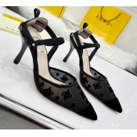 Unique Grade Fendi Colibrì Lite High Heel Slingback Pumps 8.5cm in FF Karligraphy Mesh 215110 Black