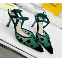 Good Quality Fendi Colibrì Lite High Heel Slingback Pumps 8.5cm in FF Karligraphy Mesh 215110 Green