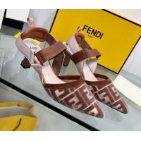 Luxury Fendi Colibrì Medium Heel Slingback Pumps 5.5cm in Velvet FF Mesh 215114 Brown