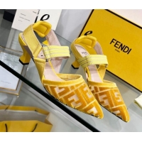 Luxury Fendi Colibrì Medium Heel Slingback Pumps 5.5cm in Velvet FF Mesh 215115 Yellow