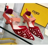 Charming Fendi Colibrì Medium Heel Slingback Pumps 5.5cm in Velvet FF Mesh 215115 Red