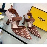 Low Cost Fendi Colibrì High Heel Slingback Pumps 8.5cm in Velvet FF Mesh 0215119 Brown