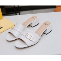 Luxury Fendi Stone Embossed Leather Slide Sandals 4cm 022171 White