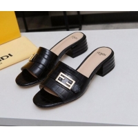 Super Quality Fendi Stone Embossed Leather Slide Sandals 4cm 022171 Black