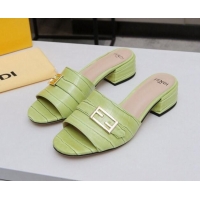 Classic Fendi Stone Embossed Leather Slide Sandals 4cm 022174 Green