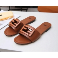 Super Quality Fendi Baguette Leather Slide Sandals Brown 022177