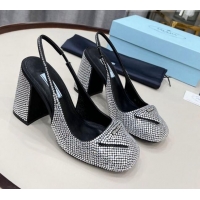 Grade Quality Prada Crystal Slingback Pumps 9cm 011364 Silver/Black