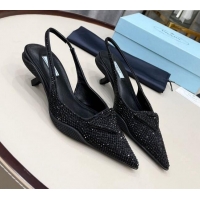 Top Design Prada Crystal Slingback Pumps 3cm 011370 Black